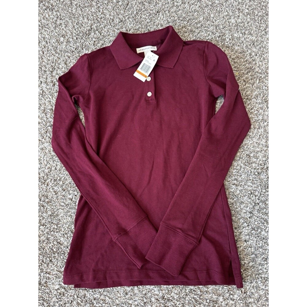 Aeropostale Womens Polo Shirt Small Claret Auburn Long Sleeve NWT Cotton Stretch